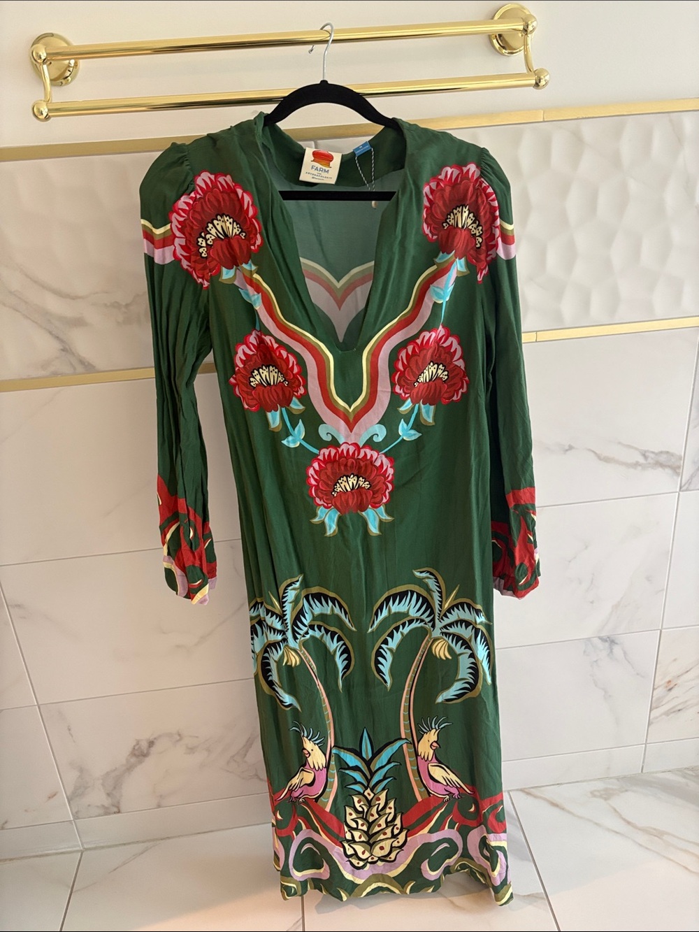 FARM Rio Green Maxi Dress with Red Floral & Blue Accents - Picture 1 of 6